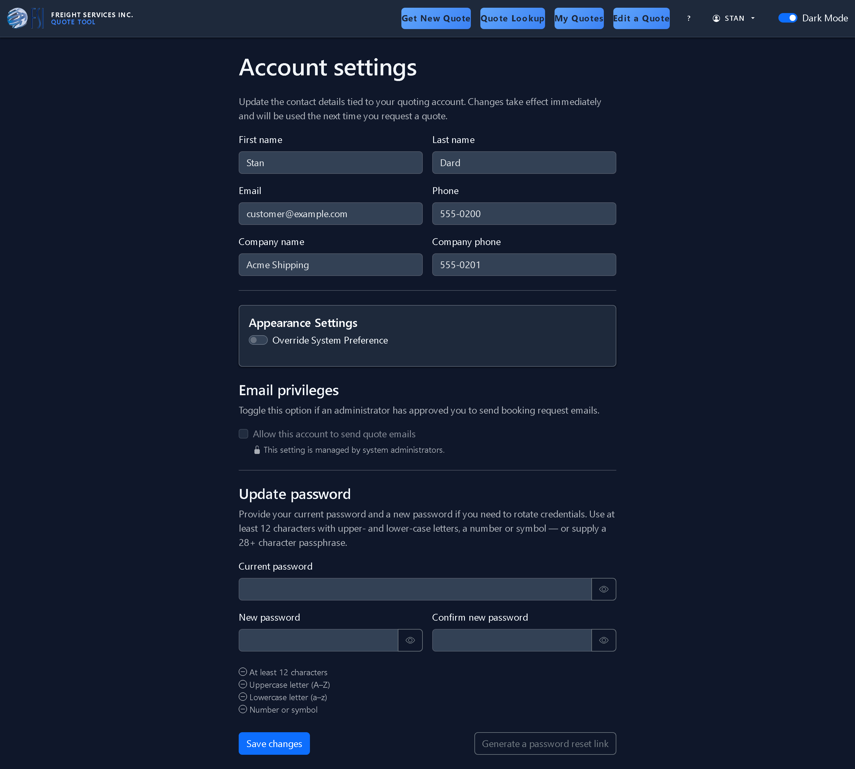 The account Settings page with editable contact information, signature, and preference fields. (dark mode)