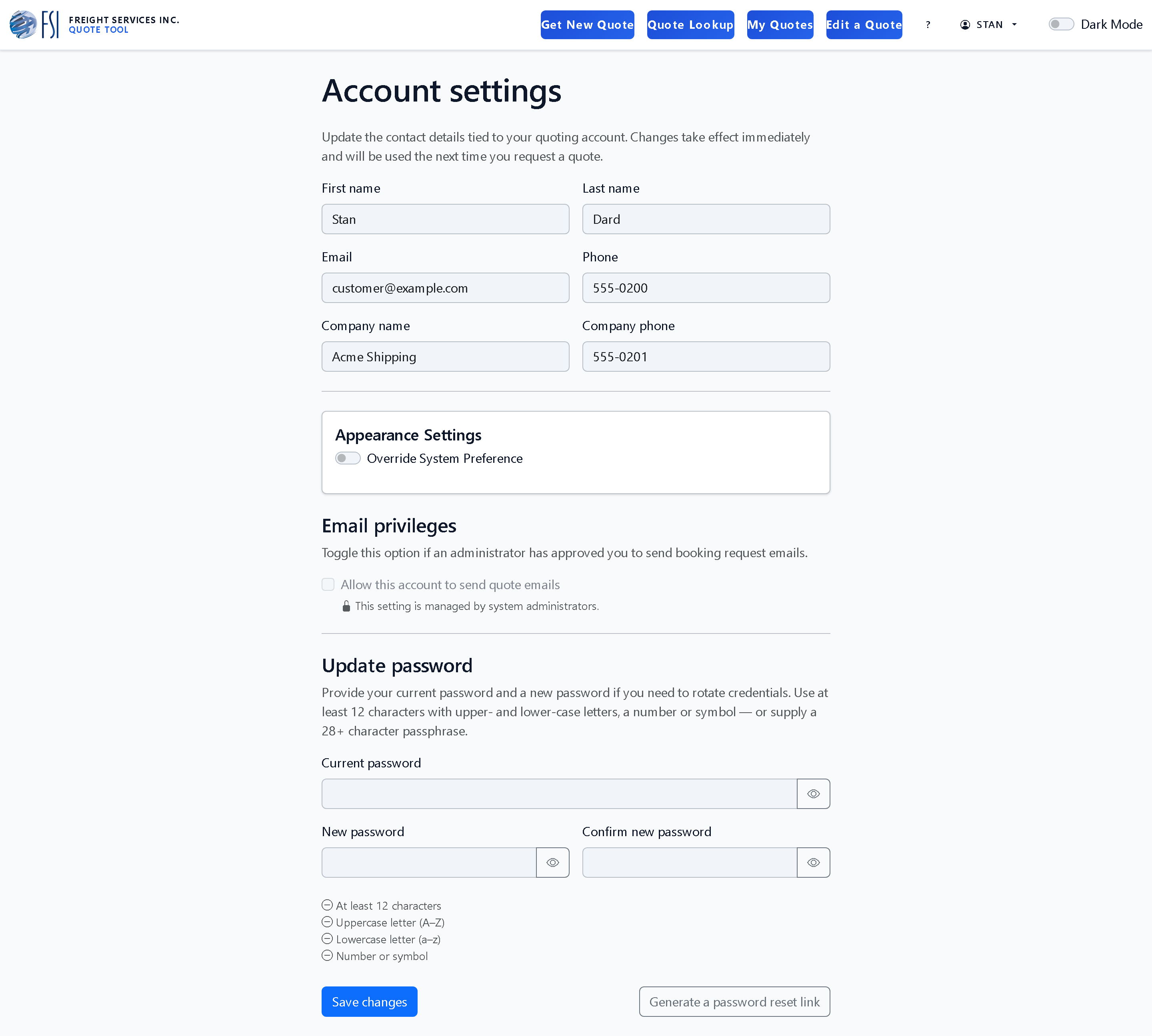 The account Settings page with editable contact information, signature, and preference fields.