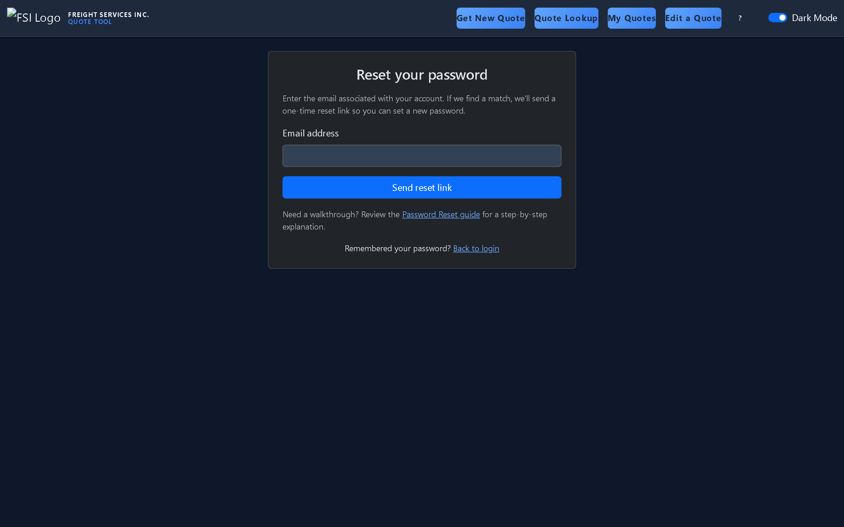 The Reset password request page with an email field and a Generate reset link button. (dark mode)