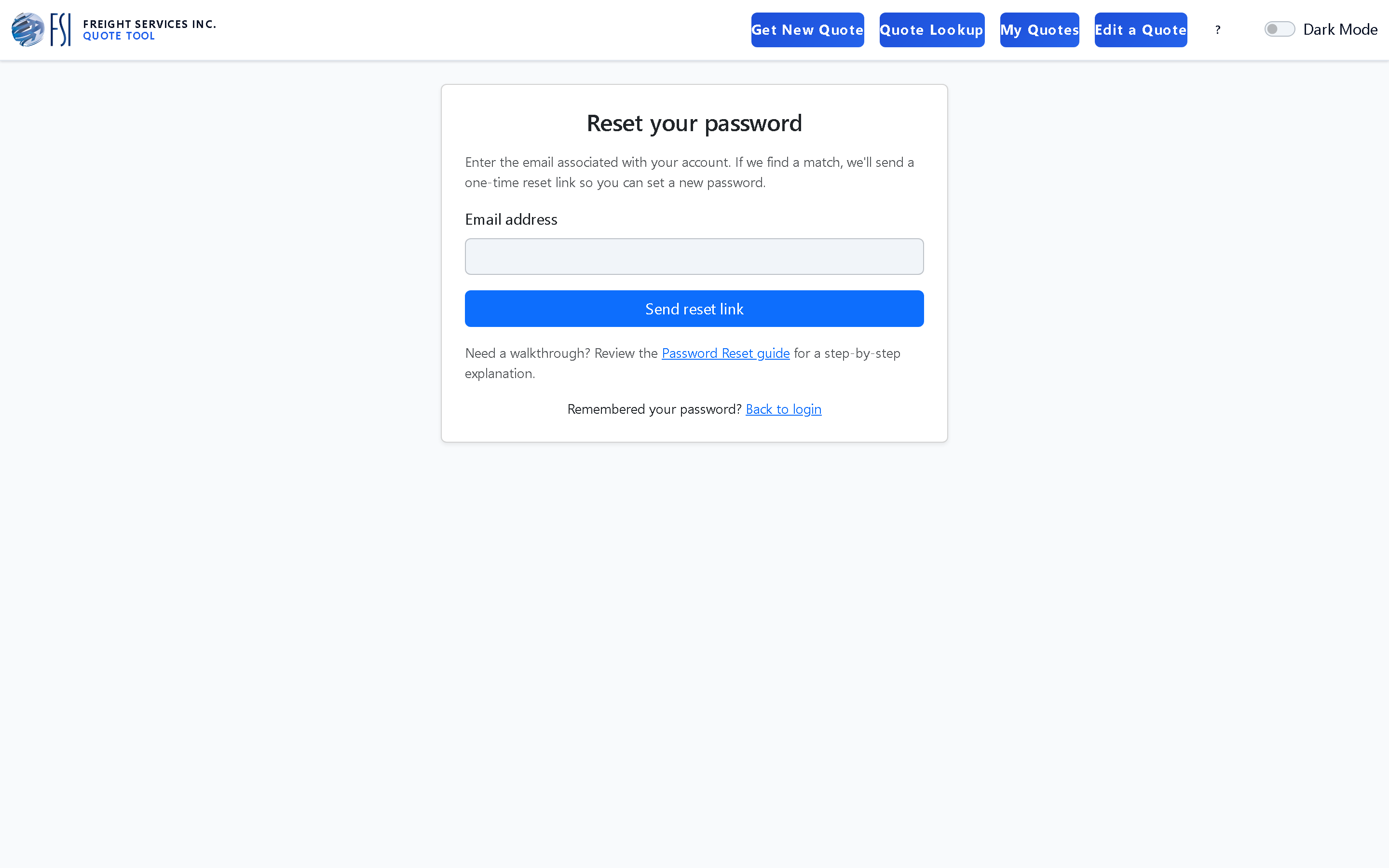 The Reset password request page with an email field and a Generate reset link button.