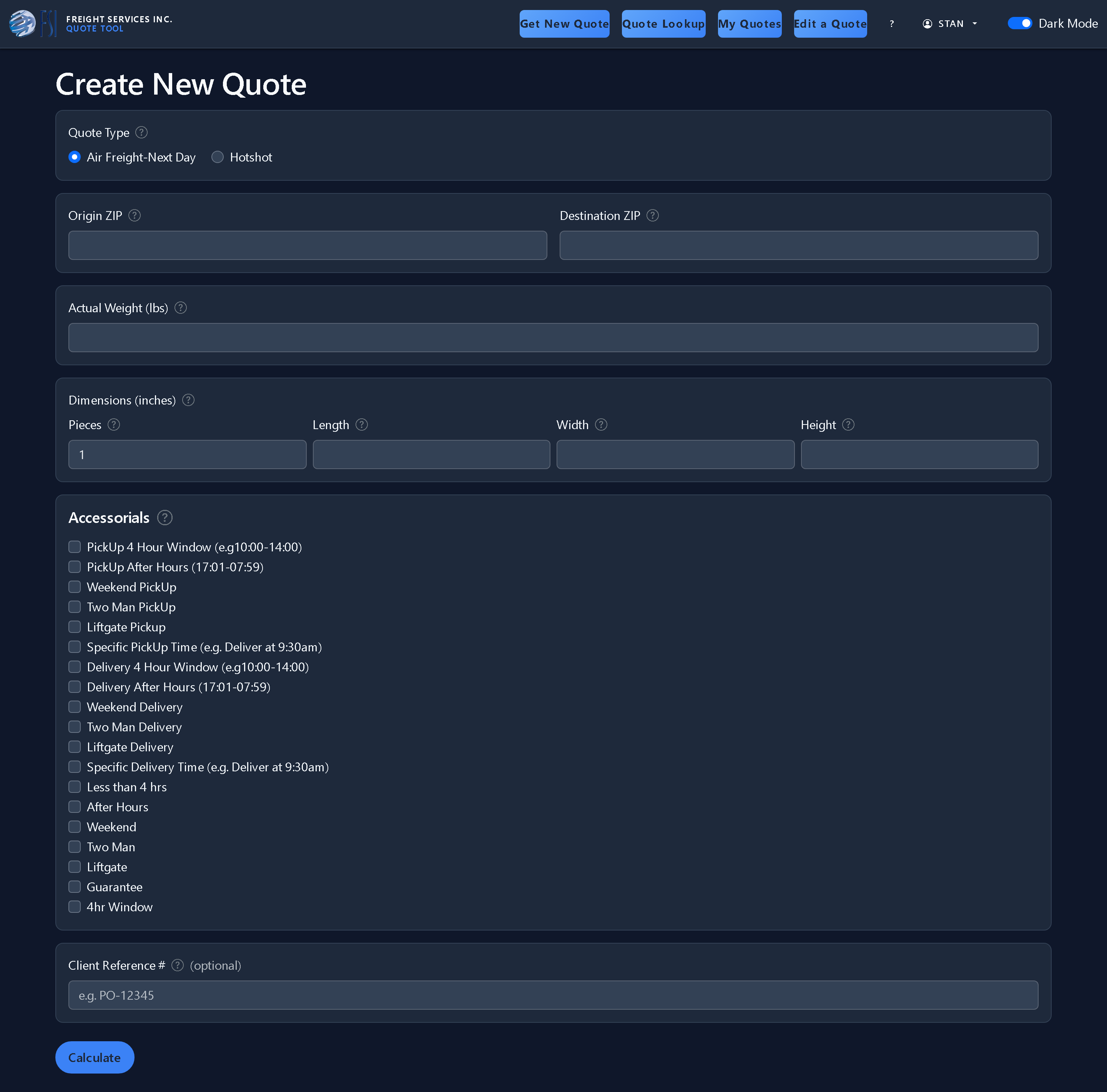 The Create New Quote form with fields for quote type, origin and destination ZIP, actual weight, piece dimensions, and a list of accessorial checkboxes. (dark mode)