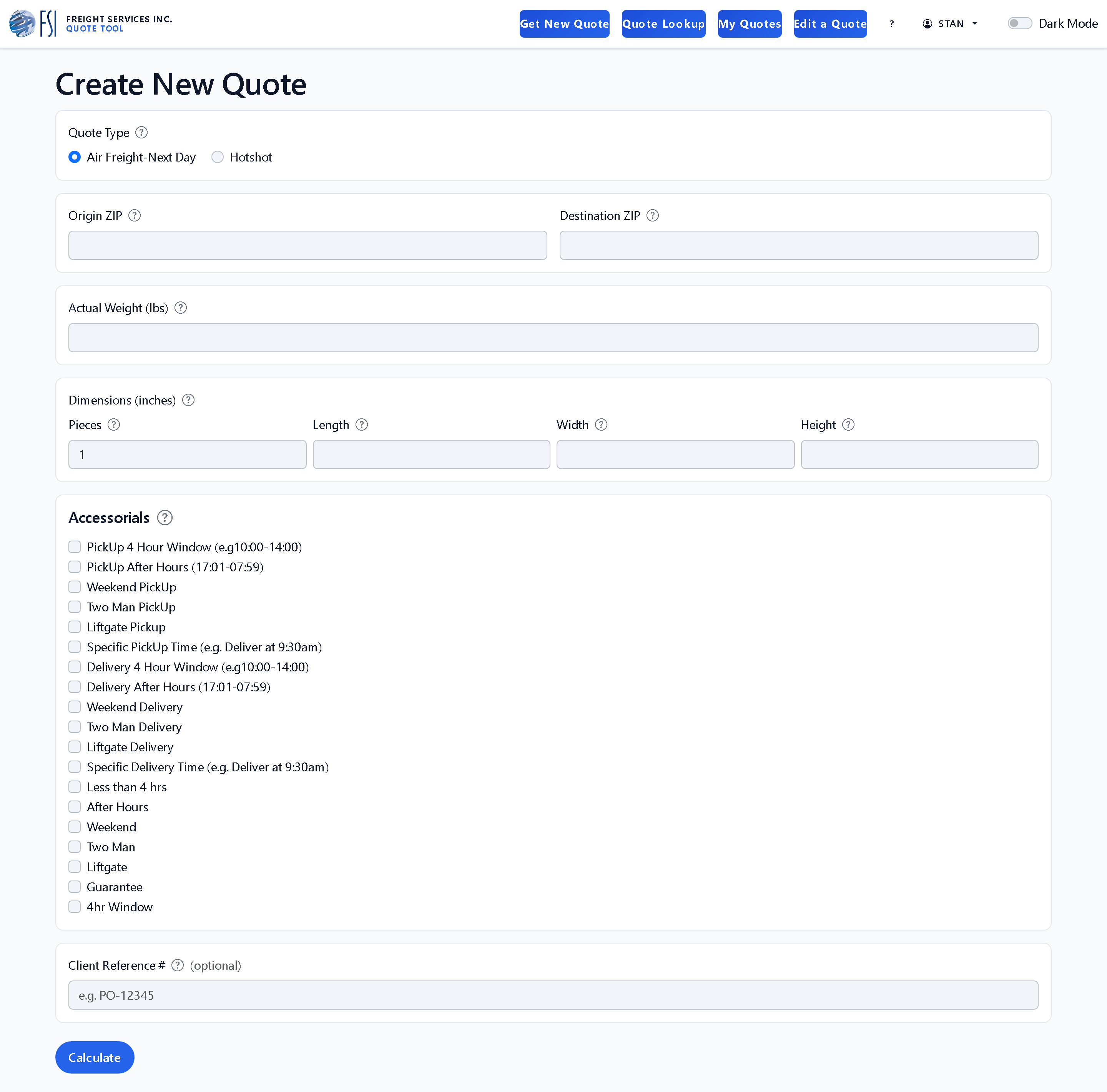The Create New Quote form with fields for quote type, origin and destination ZIP, actual weight, piece dimensions, and a list of accessorial checkboxes.