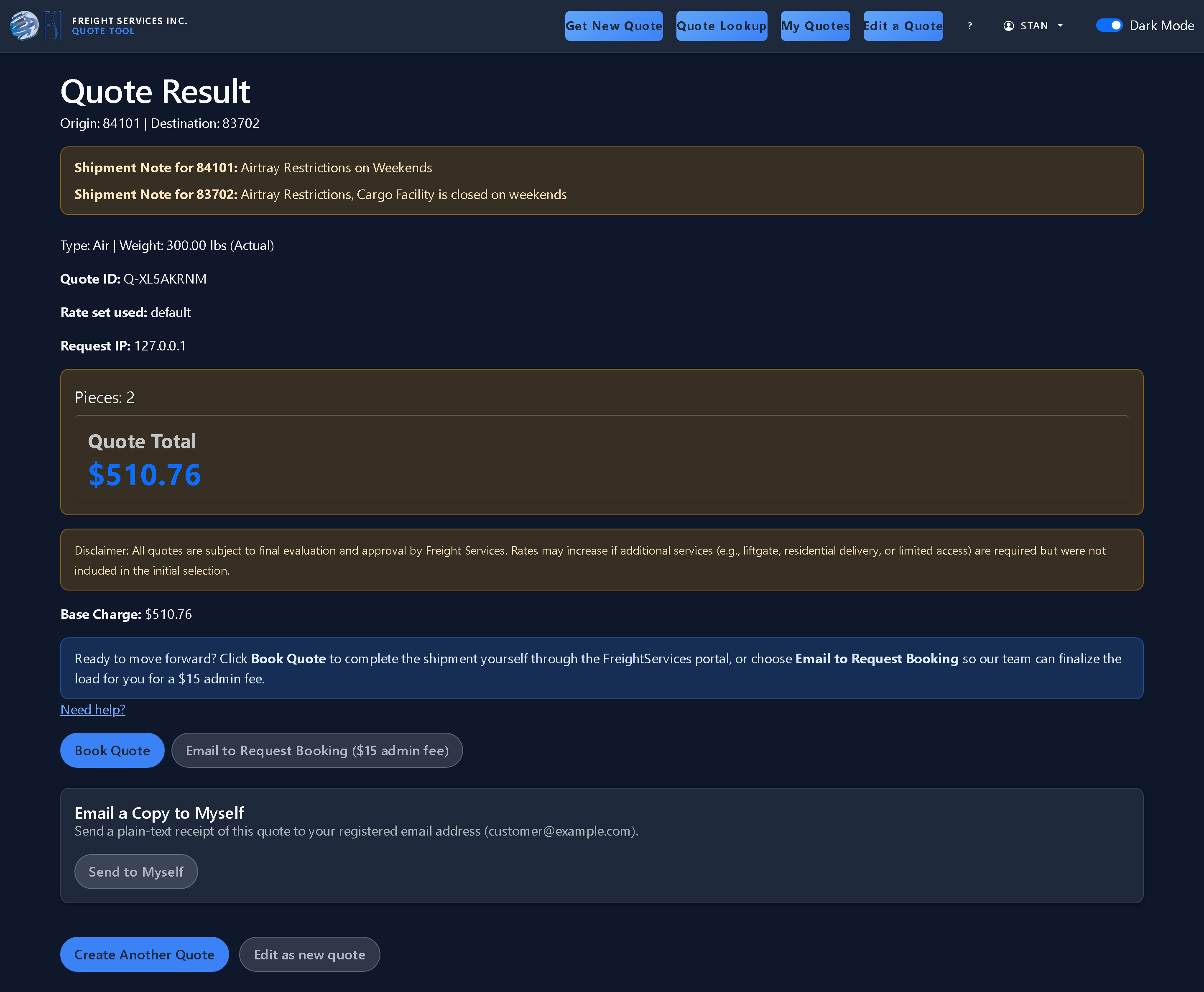 A completed Quote Result page showing origin and destination ZIPs, shipment notes, quote total, base charge, and Book Quote / Email to Request Booking actions. (dark mode)