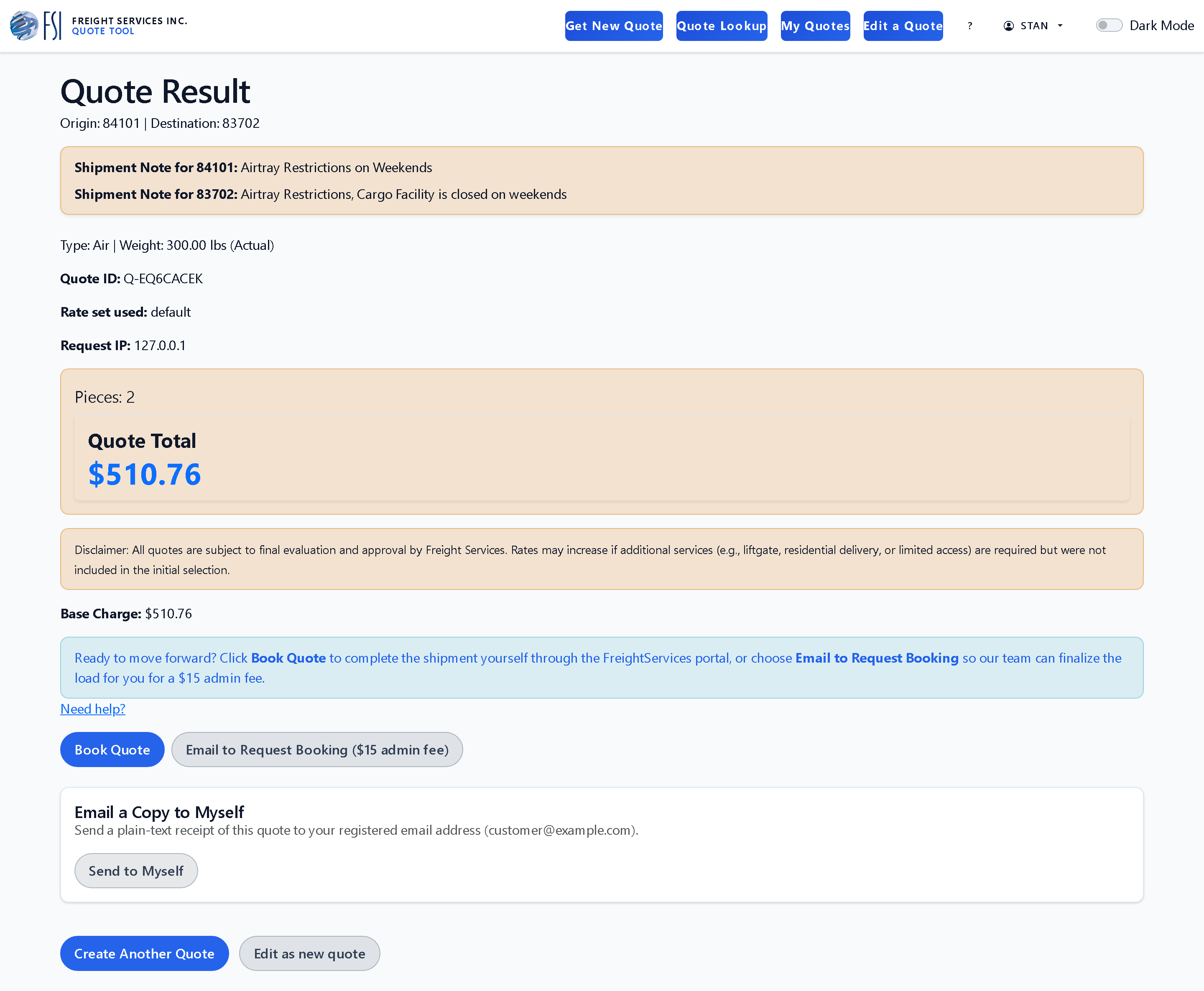 A completed Quote Result page showing origin and destination ZIPs, shipment notes, quote total, base charge, and Book Quote / Email to Request Booking actions.